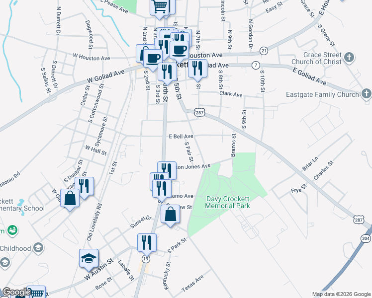 map of restaurants, bars, coffee shops, grocery stores, and more near 611 South 5th Street in Crockett