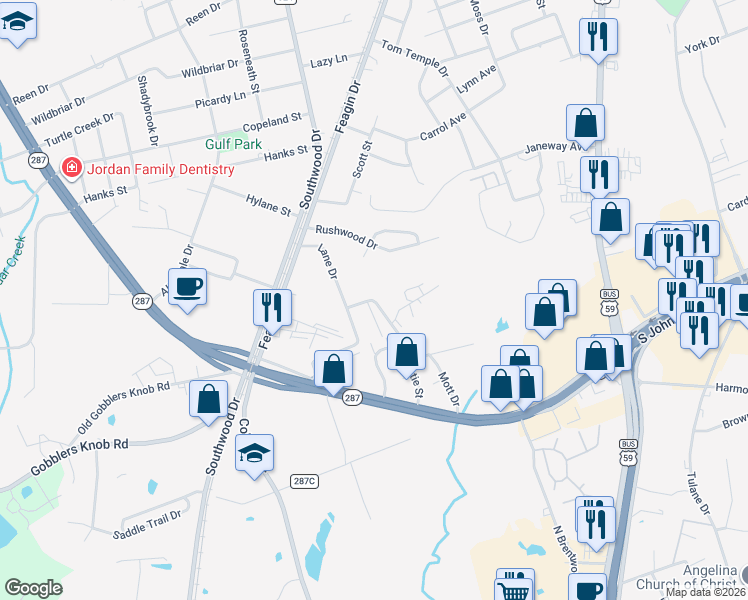map of restaurants, bars, coffee shops, grocery stores, and more near 302 Mott Drive in Lufkin