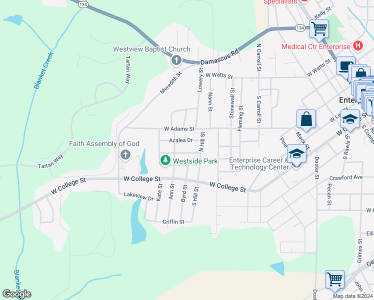 map of restaurants, bars, coffee shops, grocery stores, and more near 107 Camellia Drive in Enterprise