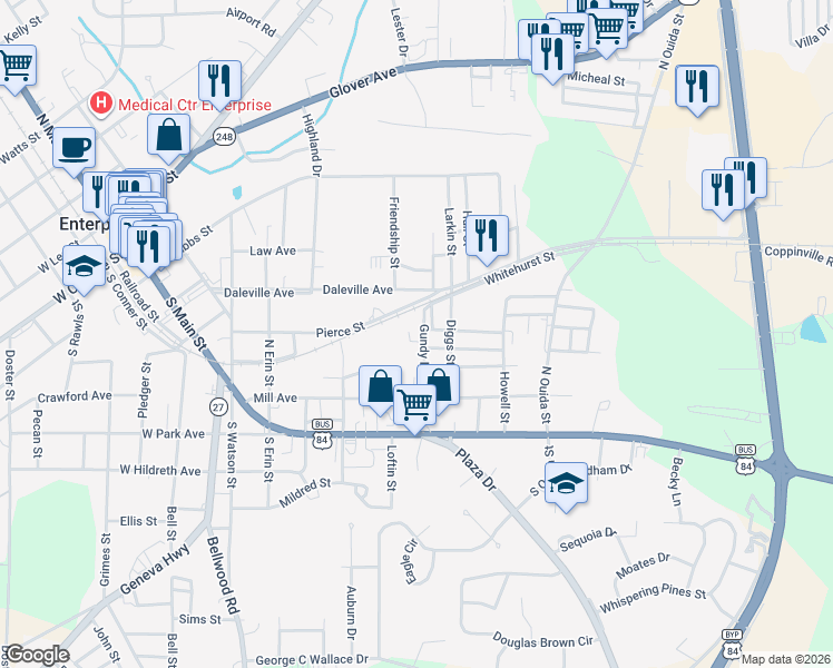 map of restaurants, bars, coffee shops, grocery stores, and more near 301 Gundy Lane in Enterprise