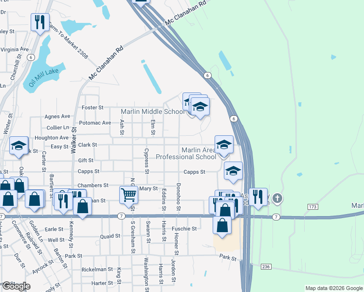 map of restaurants, bars, coffee shops, grocery stores, and more near 508 Donohoo Street in Marlin