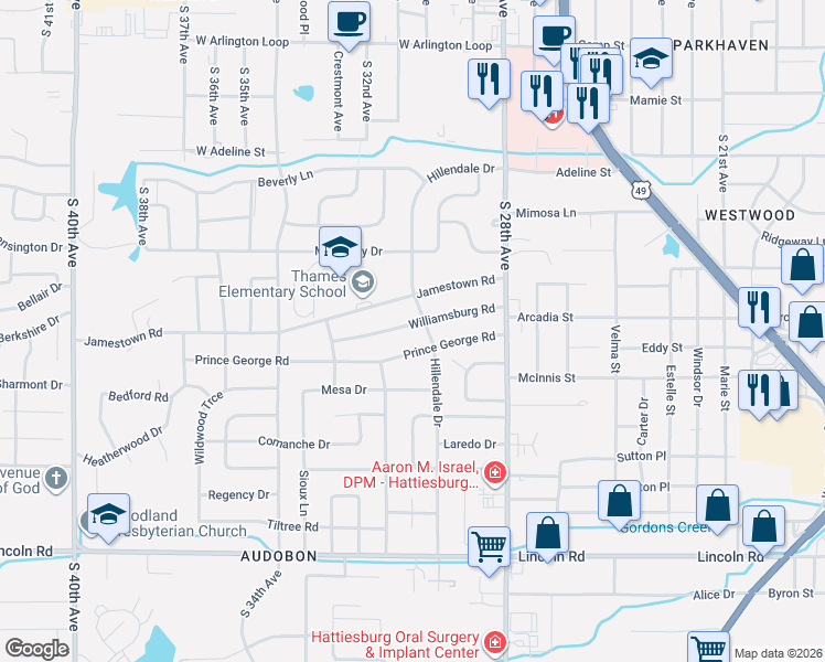 map of restaurants, bars, coffee shops, grocery stores, and more near 2909 Prince George Road in Hattiesburg
