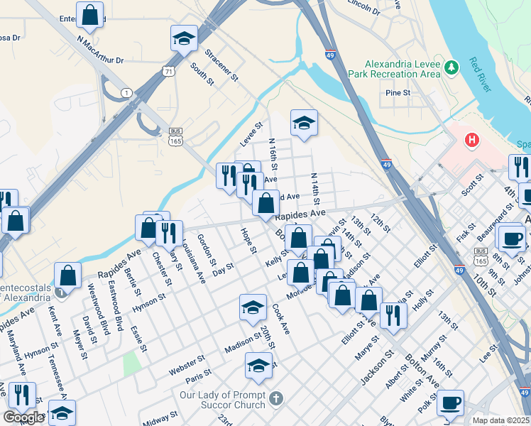 map of restaurants, bars, coffee shops, grocery stores, and more near 1803 Rapides Avenue in Alexandria