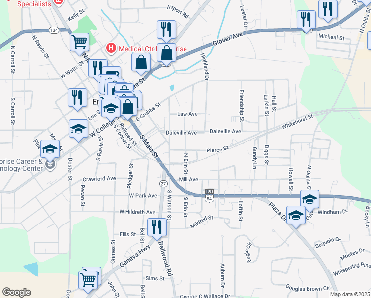 map of restaurants, bars, coffee shops, grocery stores, and more near 307 Pierce Street in Enterprise