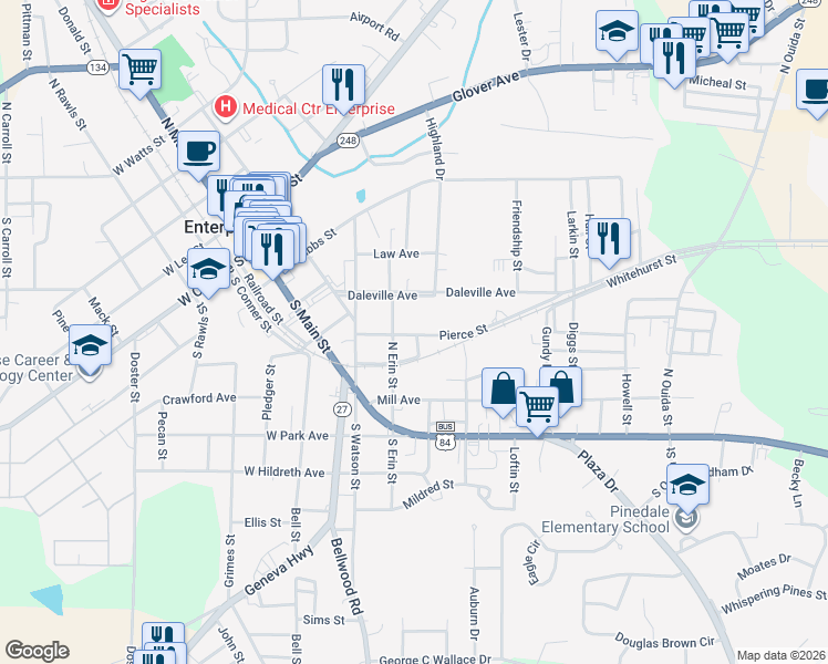 map of restaurants, bars, coffee shops, grocery stores, and more near 307 Pierce Street in Enterprise