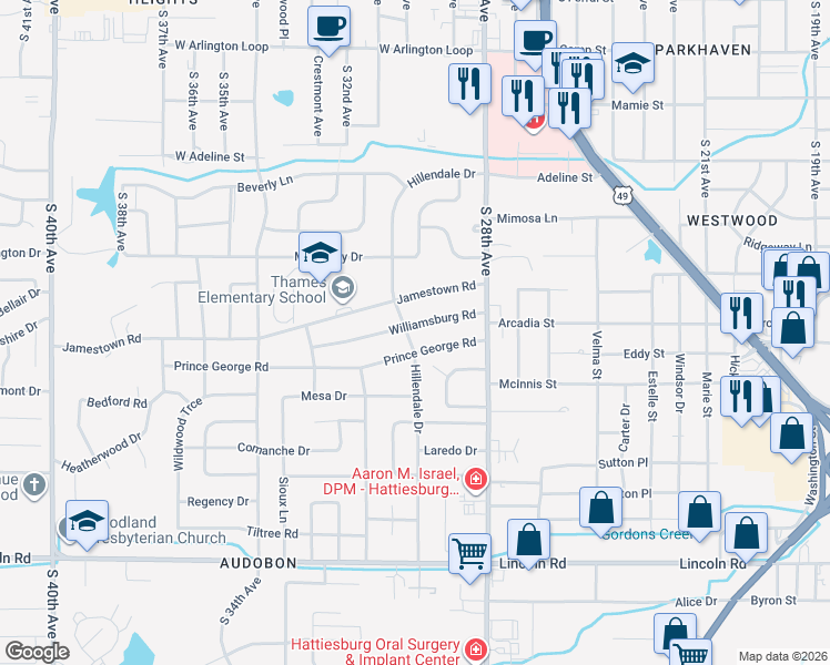 map of restaurants, bars, coffee shops, grocery stores, and more near 600-602 Hillendale Drive in Hattiesburg