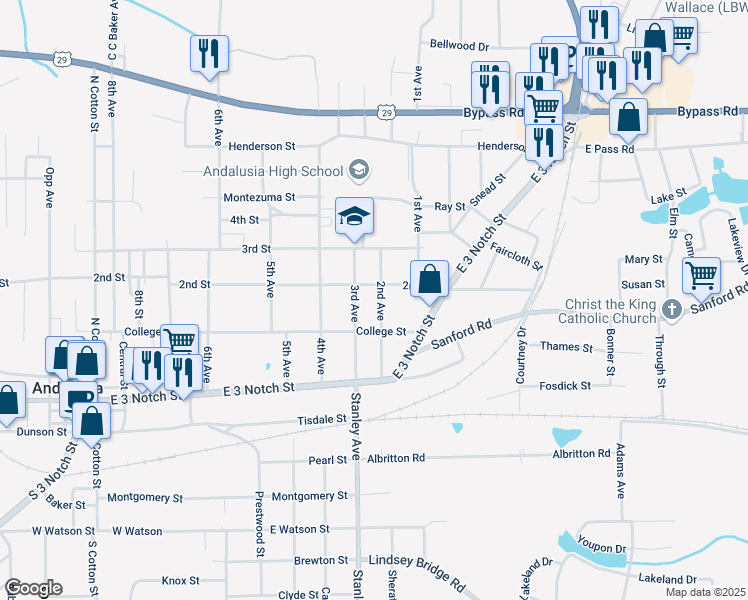 map of restaurants, bars, coffee shops, grocery stores, and more near 202-204 3rd Avenue in Andalusia