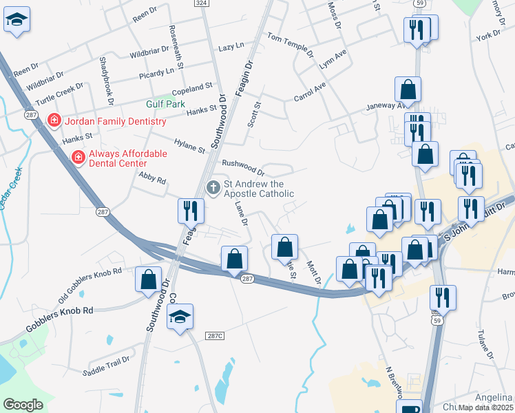 map of restaurants, bars, coffee shops, grocery stores, and more near 304 Mott Road in Lufkin