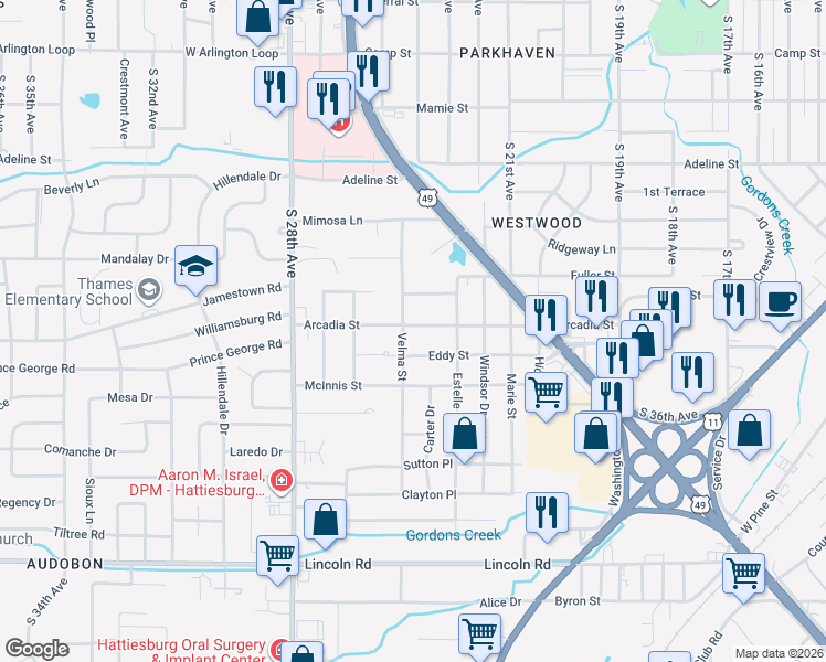 map of restaurants, bars, coffee shops, grocery stores, and more near 2320 Arcadia Street in Hattiesburg