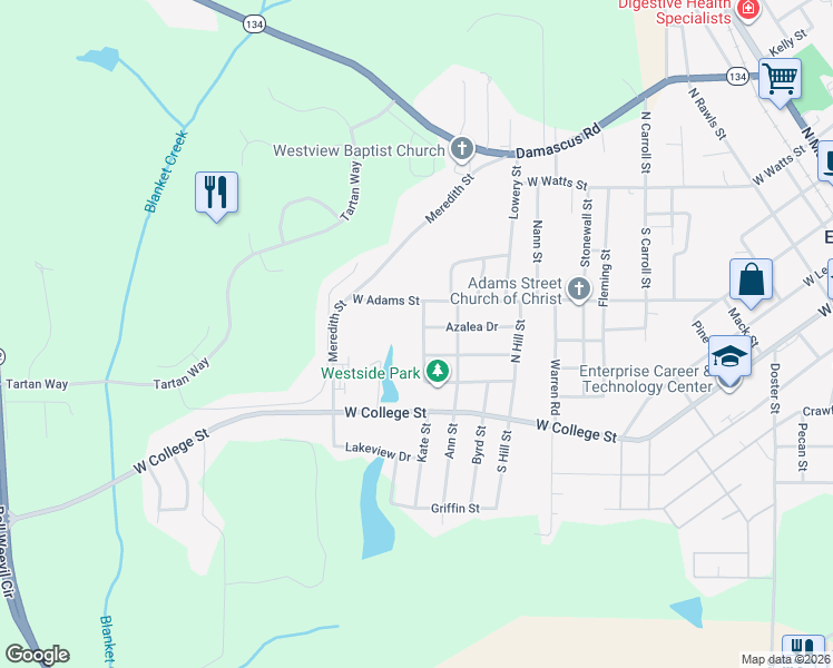 map of restaurants, bars, coffee shops, grocery stores, and more near 306 Azalea Drive in Enterprise
