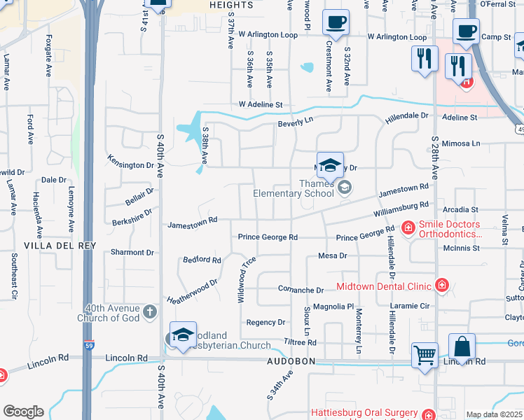 map of restaurants, bars, coffee shops, grocery stores, and more near 115 Jeff Davis Circle in Hattiesburg