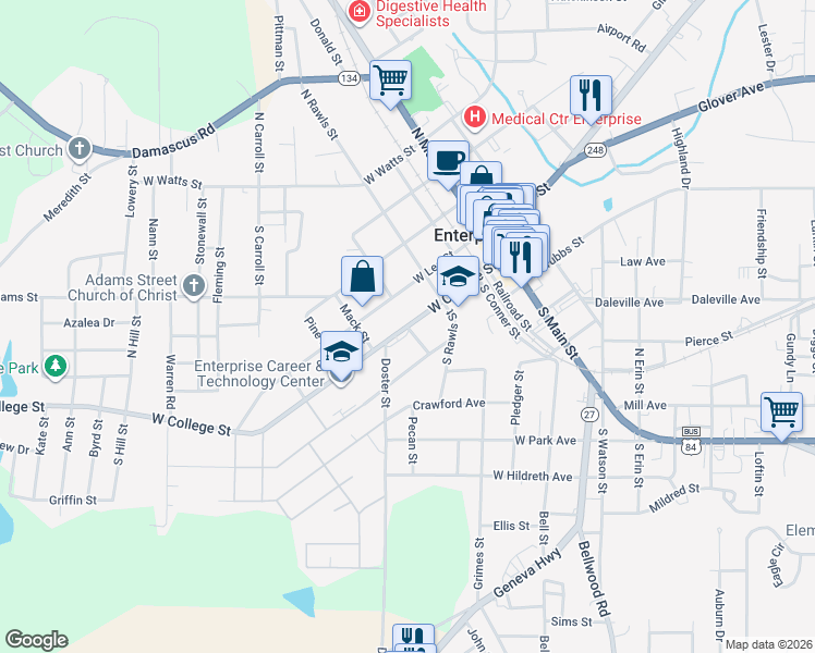 map of restaurants, bars, coffee shops, grocery stores, and more near 405 West Lee Street in Enterprise