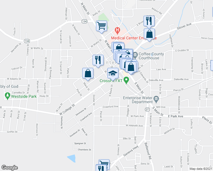 map of restaurants, bars, coffee shops, grocery stores, and more near 303 West College Street in Enterprise