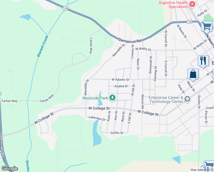 map of restaurants, bars, coffee shops, grocery stores, and more near 306 Azalea Drive in Enterprise