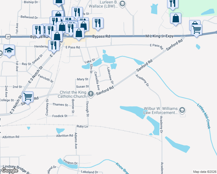 map of restaurants, bars, coffee shops, grocery stores, and more near 71 Lakeview Drive in Andalusia