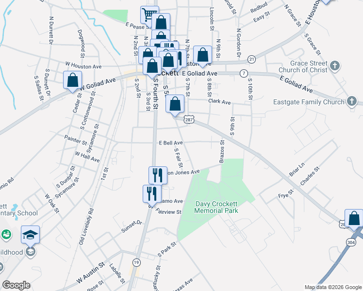map of restaurants, bars, coffee shops, grocery stores, and more near 419 East Bell Avenue in Crockett