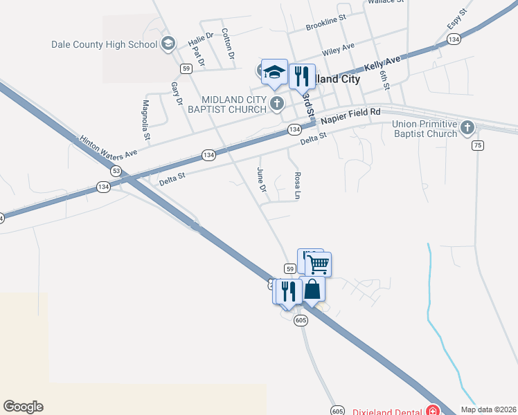 map of restaurants, bars, coffee shops, grocery stores, and more near 12288 County Road 59 in Midland City