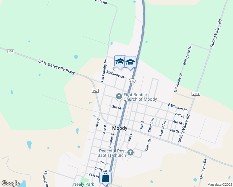 map of restaurants, bars, coffee shops, grocery stores, and more near 103 1st Street in Moody