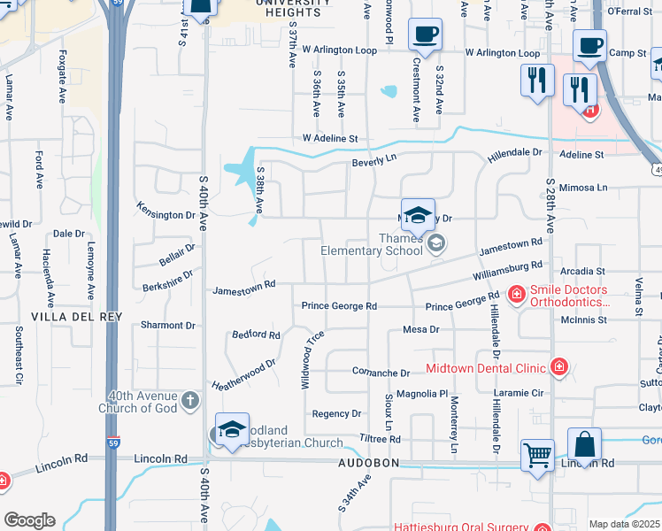 map of restaurants, bars, coffee shops, grocery stores, and more near 712 Huntindon Road in Hattiesburg