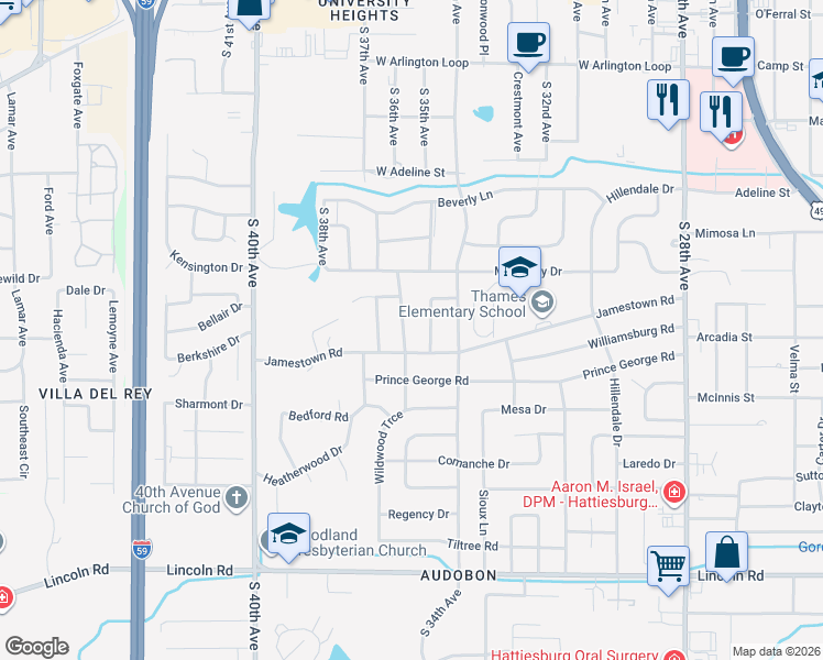 map of restaurants, bars, coffee shops, grocery stores, and more near 115 Jeff Davis Circle in Hattiesburg