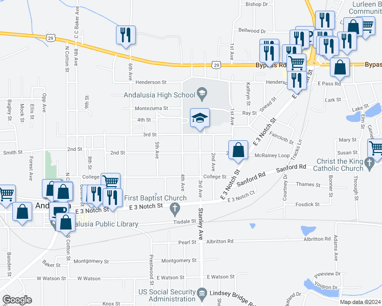 map of restaurants, bars, coffee shops, grocery stores, and more near 601 2nd Street in Andalusia