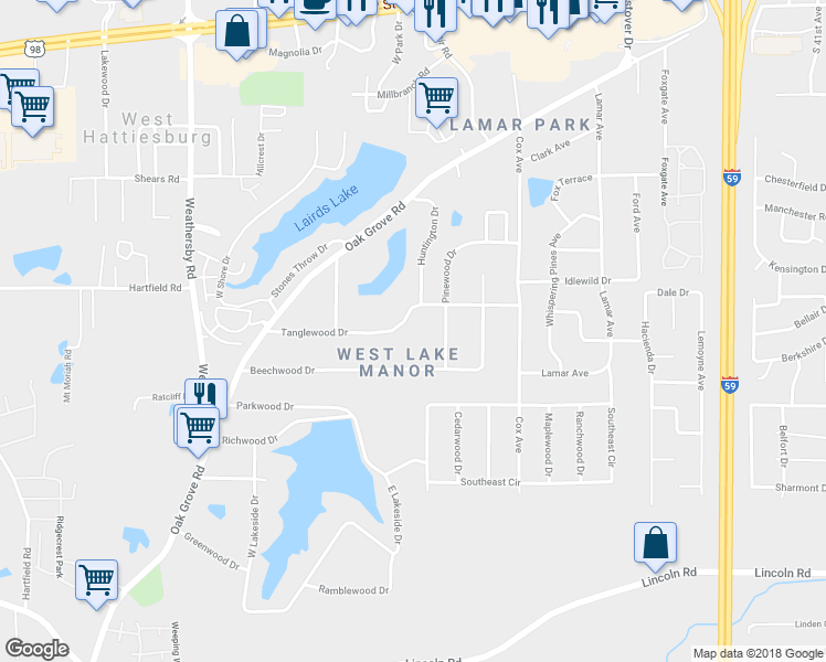 map of restaurants, bars, coffee shops, grocery stores, and more near 129 Tanglewood Drive in Hattiesburg