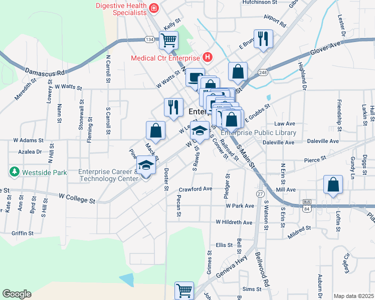 map of restaurants, bars, coffee shops, grocery stores, and more near 303 West College Street in Enterprise