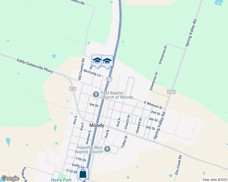 map of restaurants, bars, coffee shops, grocery stores, and more near 140 Avenue B in Moody