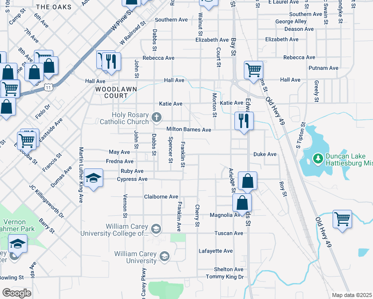 map of restaurants, bars, coffee shops, grocery stores, and more near 1012 Franklin Street in Hattiesburg