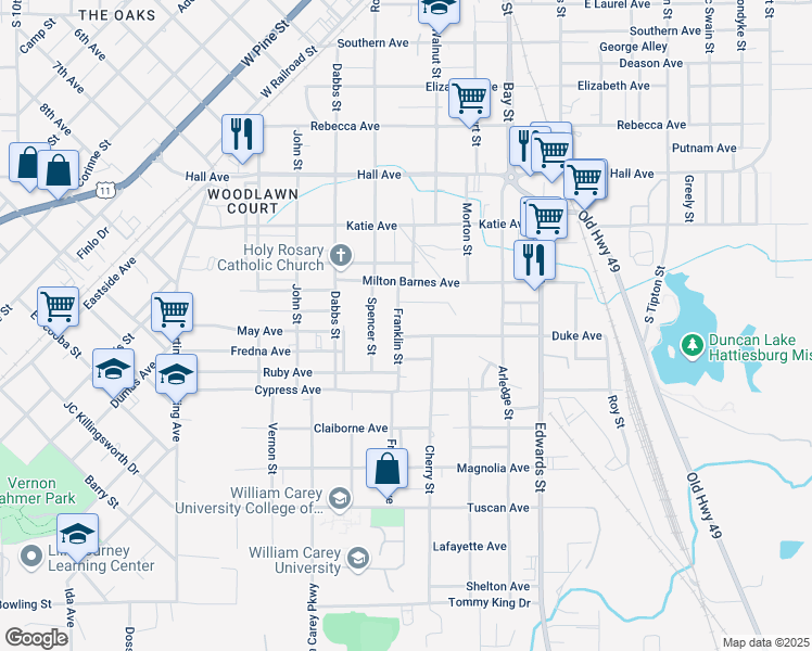 map of restaurants, bars, coffee shops, grocery stores, and more near 1012 Franklin Street in Hattiesburg