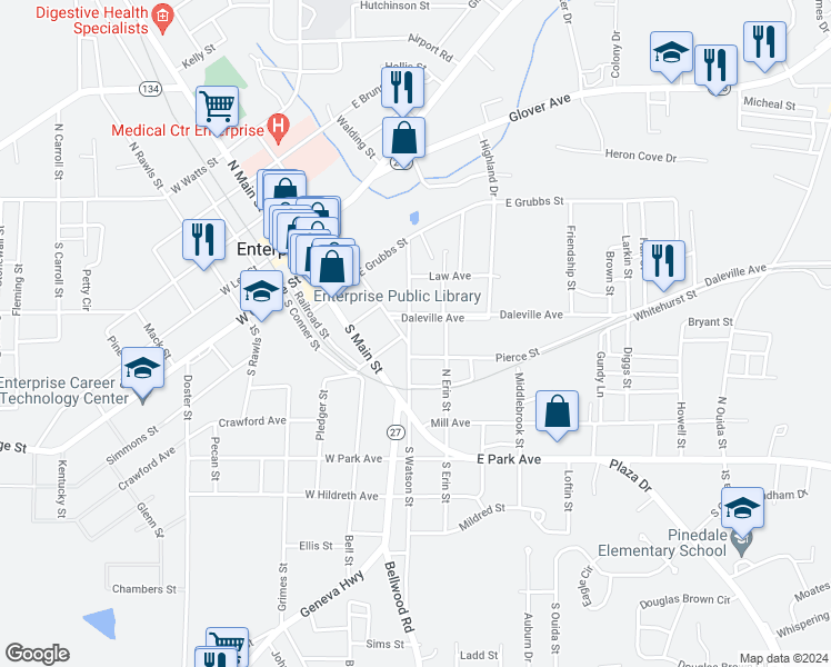 map of restaurants, bars, coffee shops, grocery stores, and more near 304 North Watson Street in Enterprise