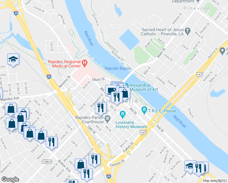 map of restaurants, bars, coffee shops, grocery stores, and more near 3rd St & Jackson St in Alexandria