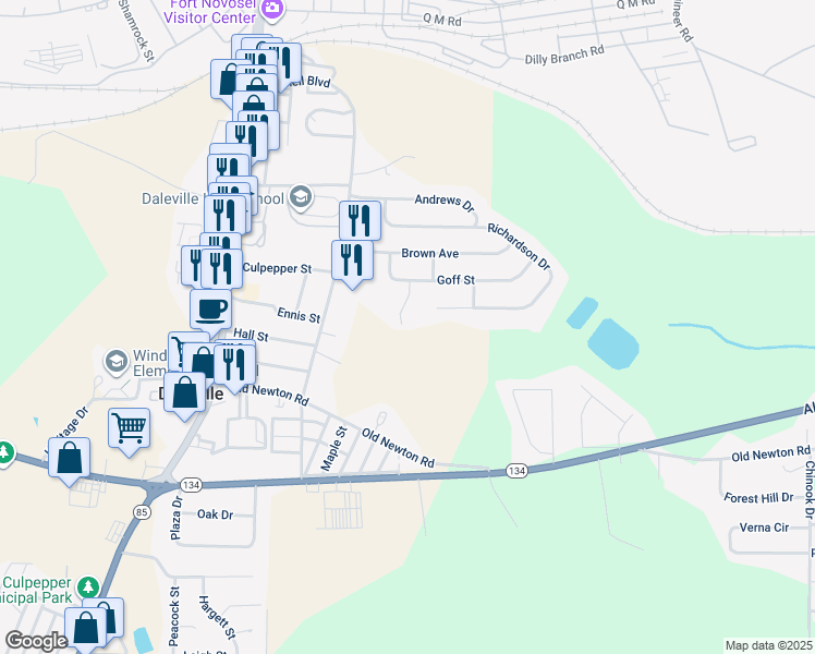 map of restaurants, bars, coffee shops, grocery stores, and more near 12 Dowling Street in Daleville