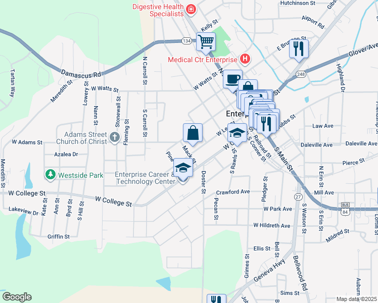 map of restaurants, bars, coffee shops, grocery stores, and more near 200 Mack Street in Enterprise