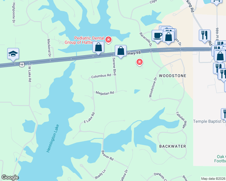 map of restaurants, bars, coffee shops, grocery stores, and more near 14-34 Magellan Road in Hattiesburg