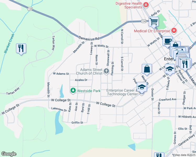 map of restaurants, bars, coffee shops, grocery stores, and more near 405 Warren Road in Enterprise