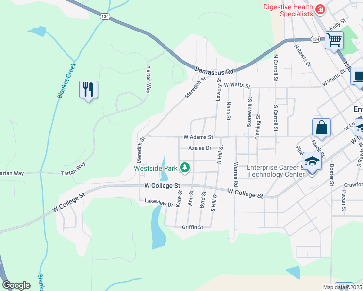 map of restaurants, bars, coffee shops, grocery stores, and more near 306 Azalea Drive in Enterprise