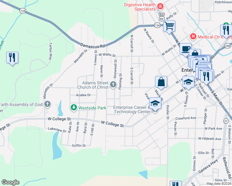 map of restaurants, bars, coffee shops, grocery stores, and more near 107 Sunset Drive in Enterprise