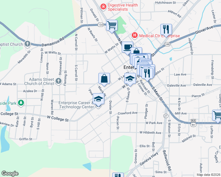 map of restaurants, bars, coffee shops, grocery stores, and more near 405 West Lee Street in Enterprise