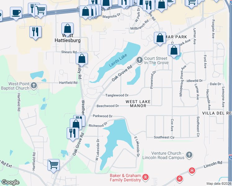 map of restaurants, bars, coffee shops, grocery stores, and more near 108 Tanglewood Drive in Hattiesburg