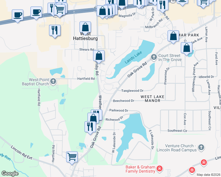 map of restaurants, bars, coffee shops, grocery stores, and more near 30 Overlook Point in Hattiesburg