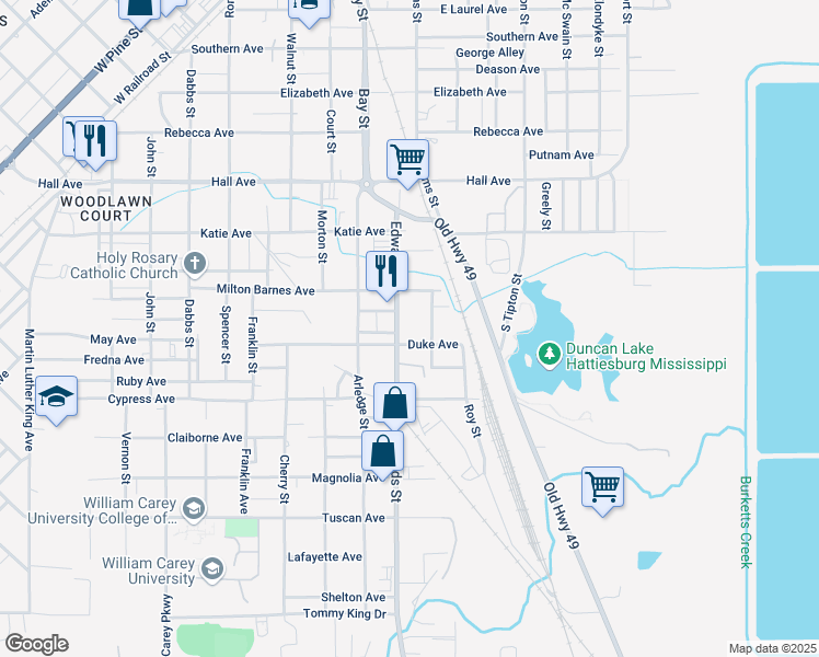 map of restaurants, bars, coffee shops, grocery stores, and more near 916 Edwards Street in Hattiesburg