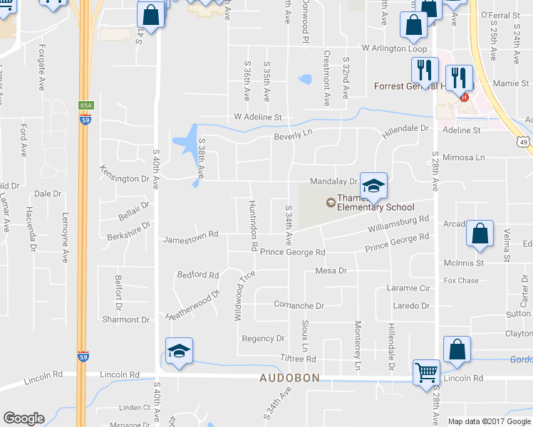 map of restaurants, bars, coffee shops, grocery stores, and more near 115 Jeff Davis Circle in Hattiesburg