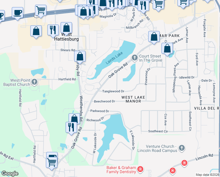 map of restaurants, bars, coffee shops, grocery stores, and more near 108 Tanglewood Drive in Hattiesburg