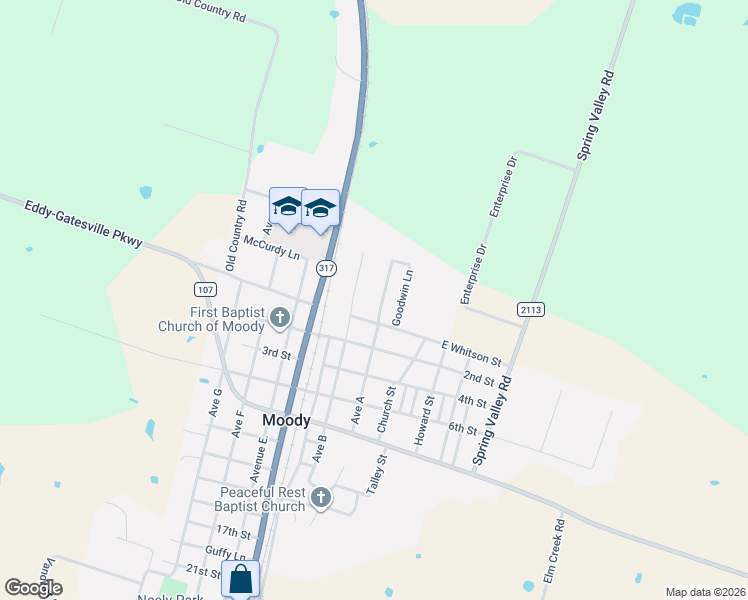 map of restaurants, bars, coffee shops, grocery stores, and more near 114 Avenue A in Moody