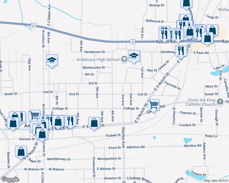 map of restaurants, bars, coffee shops, grocery stores, and more near 601 2nd Street in Andalusia
