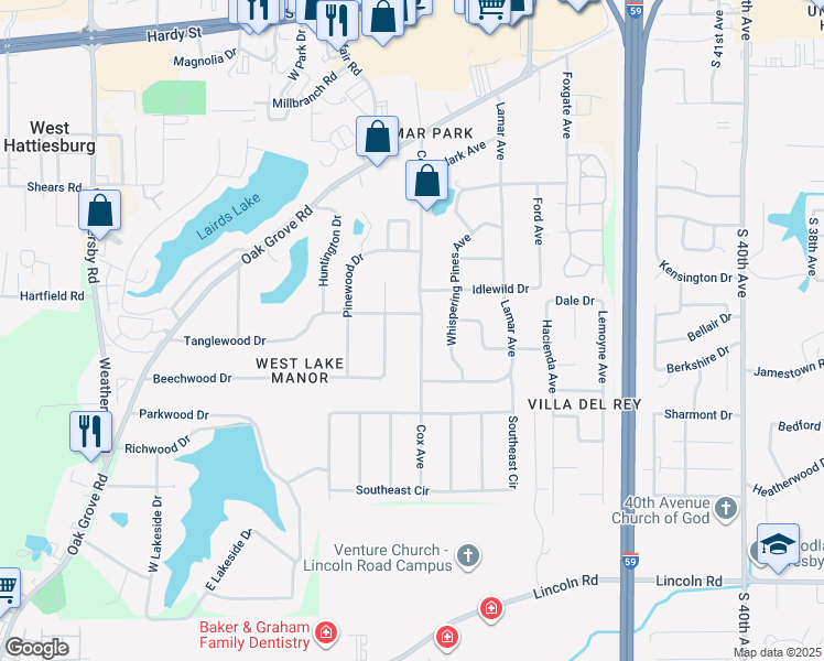 map of restaurants, bars, coffee shops, grocery stores, and more near 503 Cox Avenue in Hattiesburg