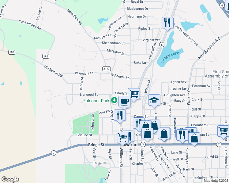 map of restaurants, bars, coffee shops, grocery stores, and more near 215 Shady Street in Marlin