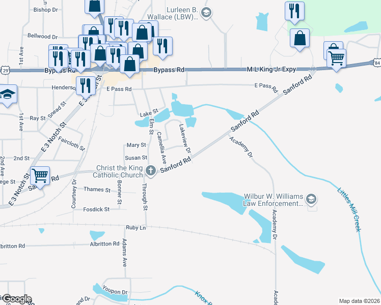 map of restaurants, bars, coffee shops, grocery stores, and more near 71 Lakeview Drive in Andalusia