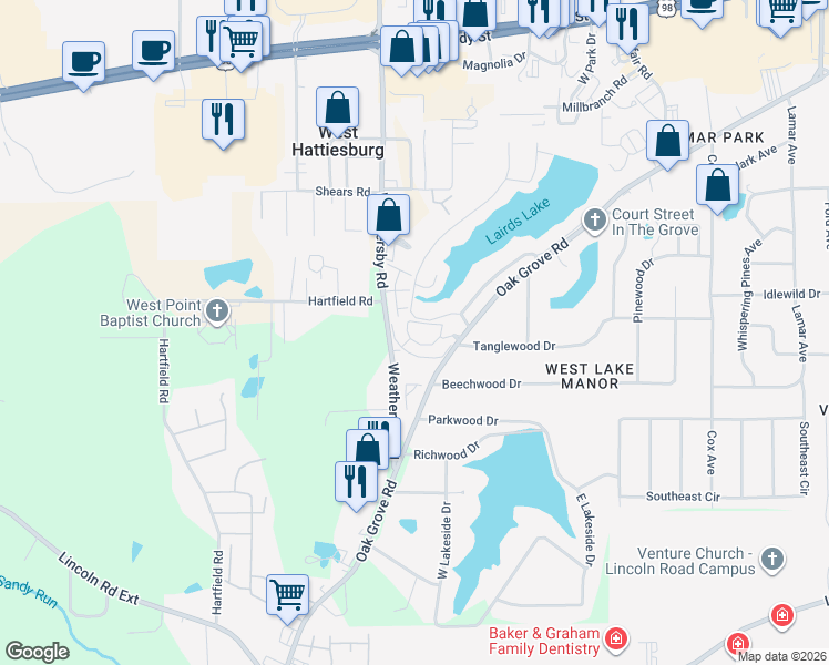 map of restaurants, bars, coffee shops, grocery stores, and more near 30 Overlook Point in Hattiesburg